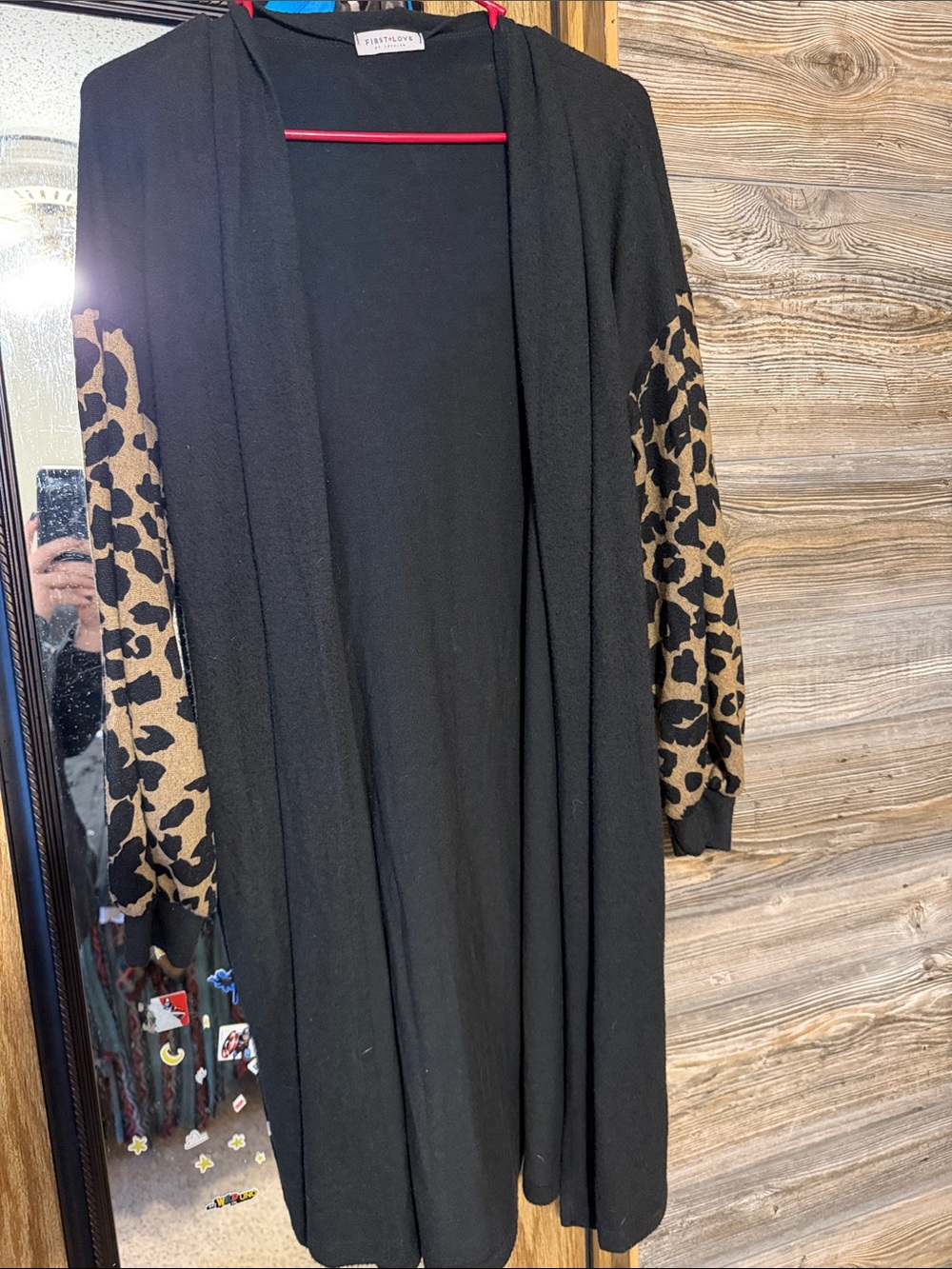 First Love Black Open Front Cardigan with Leopard Print Sleeves W/pockets